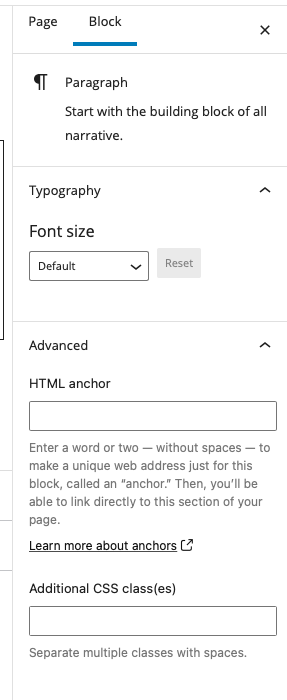 block settings sidebar