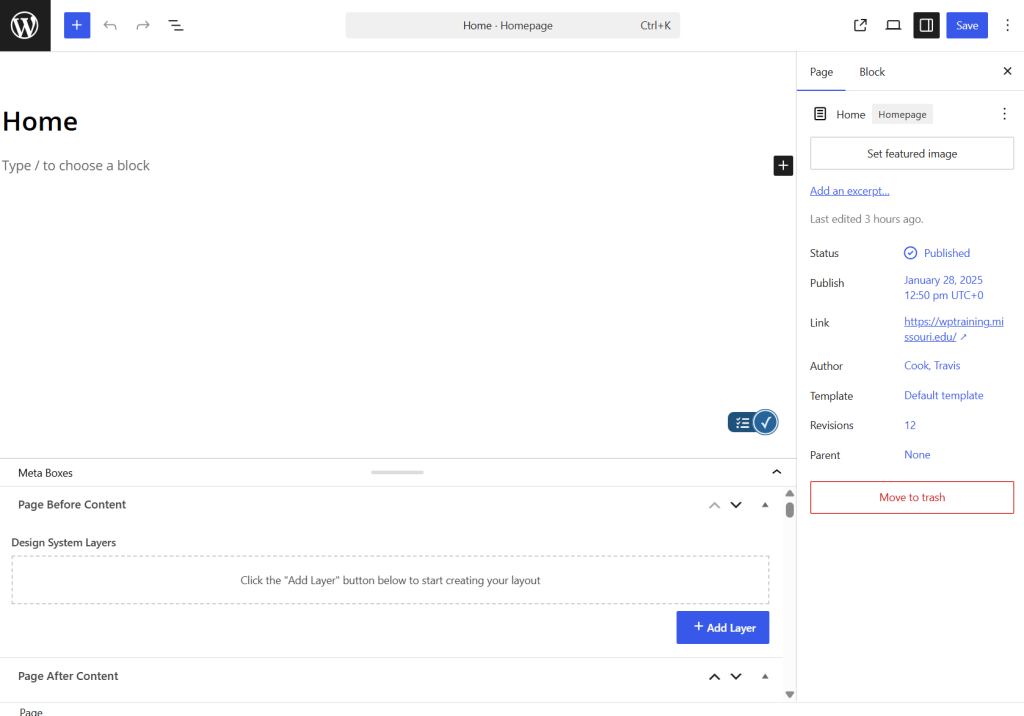 screenshot of WordPress's block editing windwo