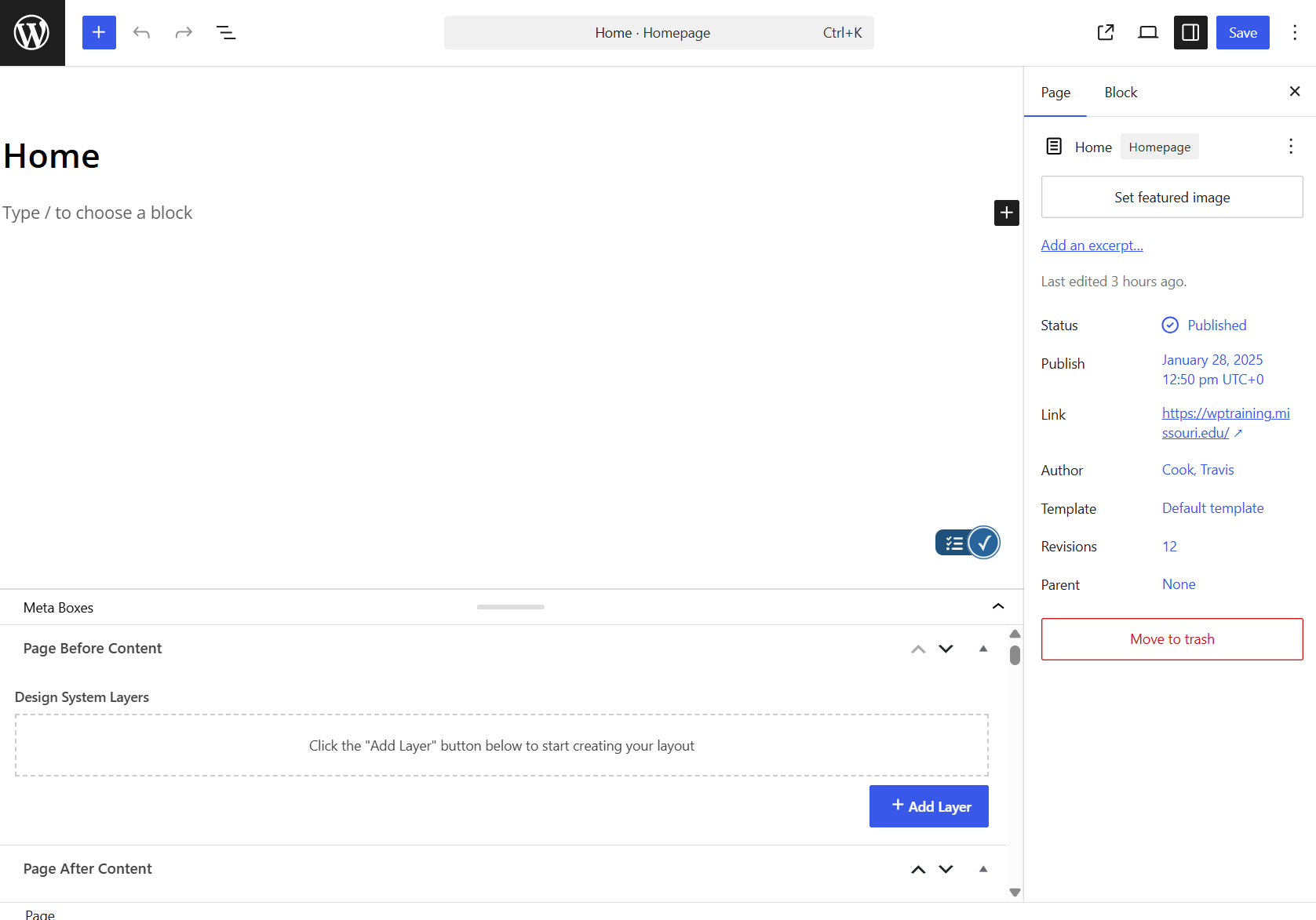 Wordpress block editor window