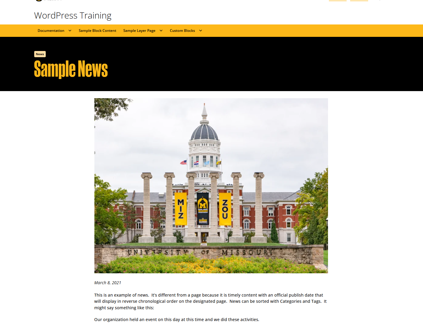 Screenshot of sample News page on the WordPress training site