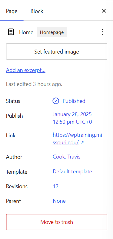WordPress block editor sidebar menu for page