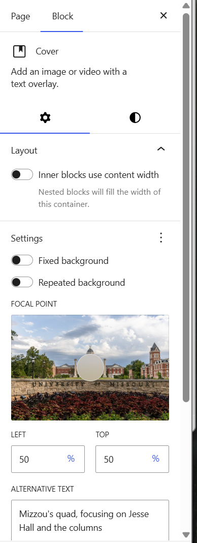 WordPress BLock editor with sidebar menu for a block