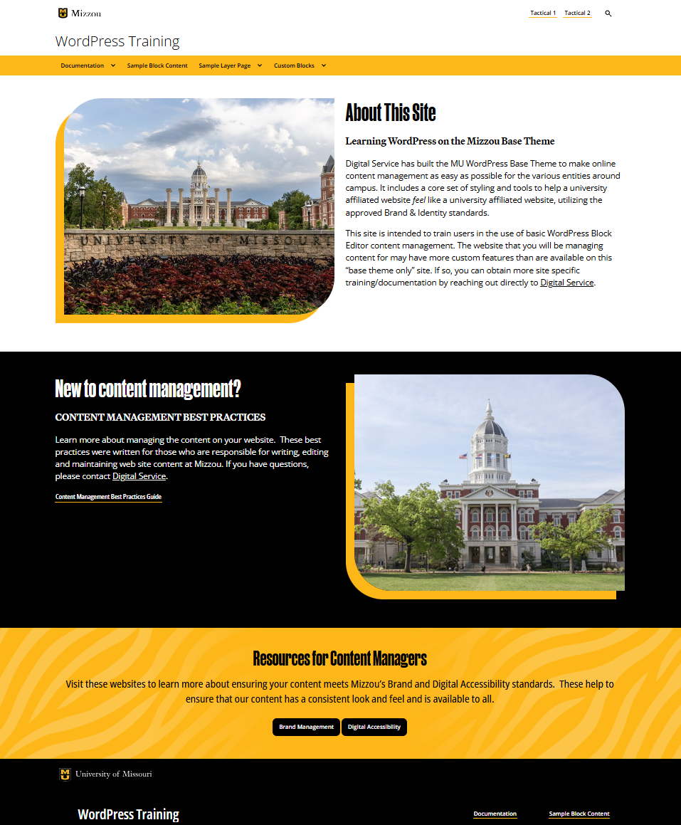 Screenshot of the homepage of the Mizzou wordpress training site