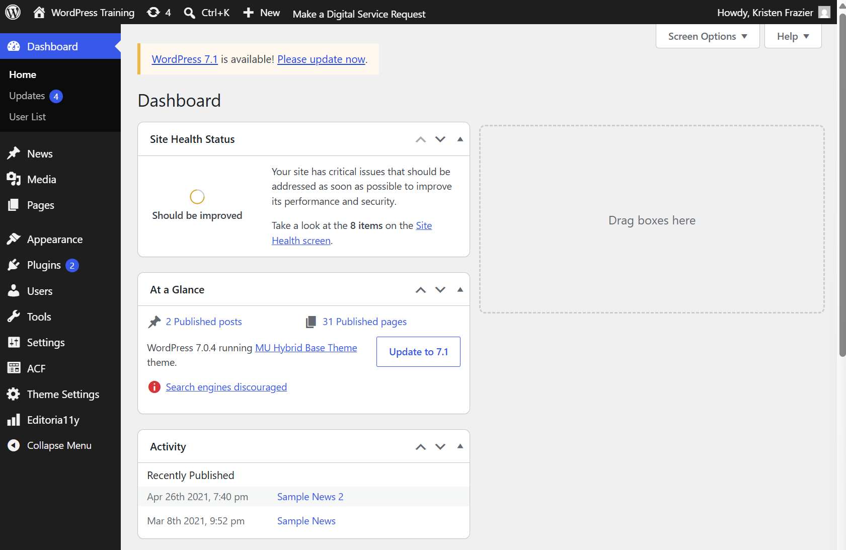 Screenshot of a WordPress dashboard, showing menu on the left and website information in the center