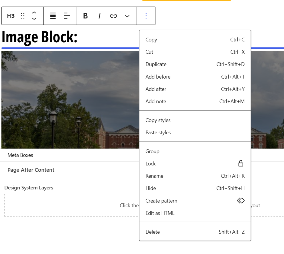 Screenshot of block options in WordPress editor