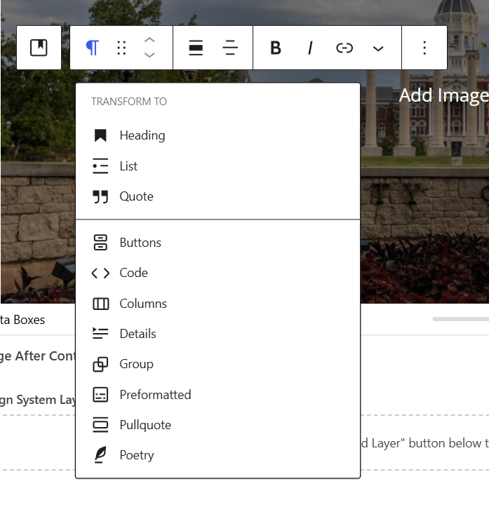 Screenshot of change block options in wordpress editor