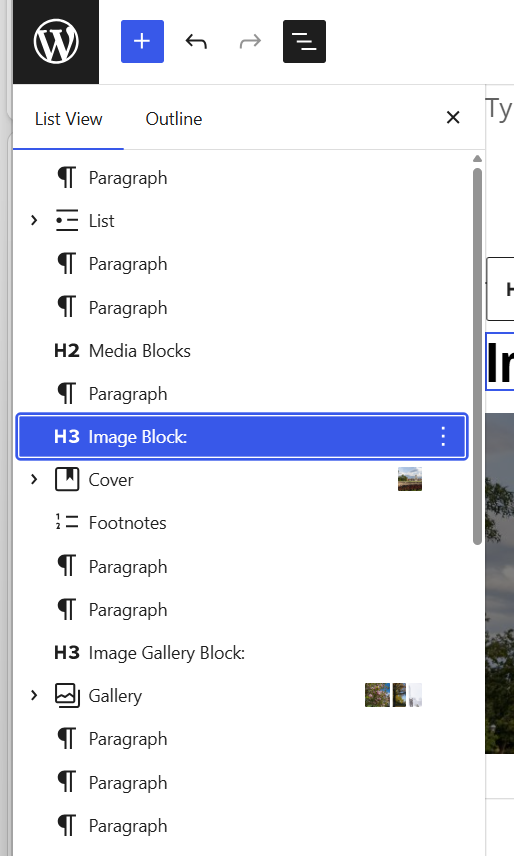 Screenshot of list view in WordPress editor